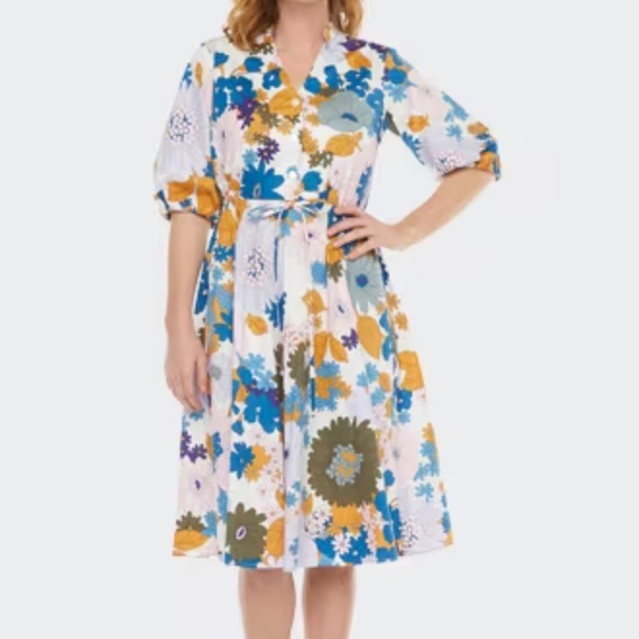 Floral Midi Dress in Blue and Orange - Picture 1 of 8